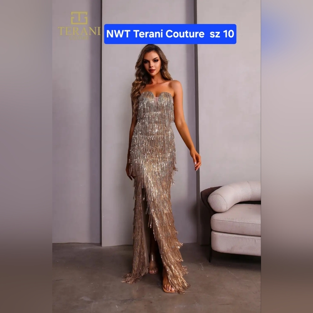 Terani Couture  251P4561 Strapless Elegant Gold Silver Fringe Evening Dress
